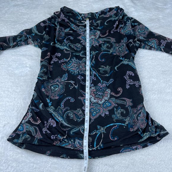 Dana Buchman Drape Front Paisley Print Top Womens S Black 3/4 Cowl Neck Ruched‎ - Picture 7 of 13